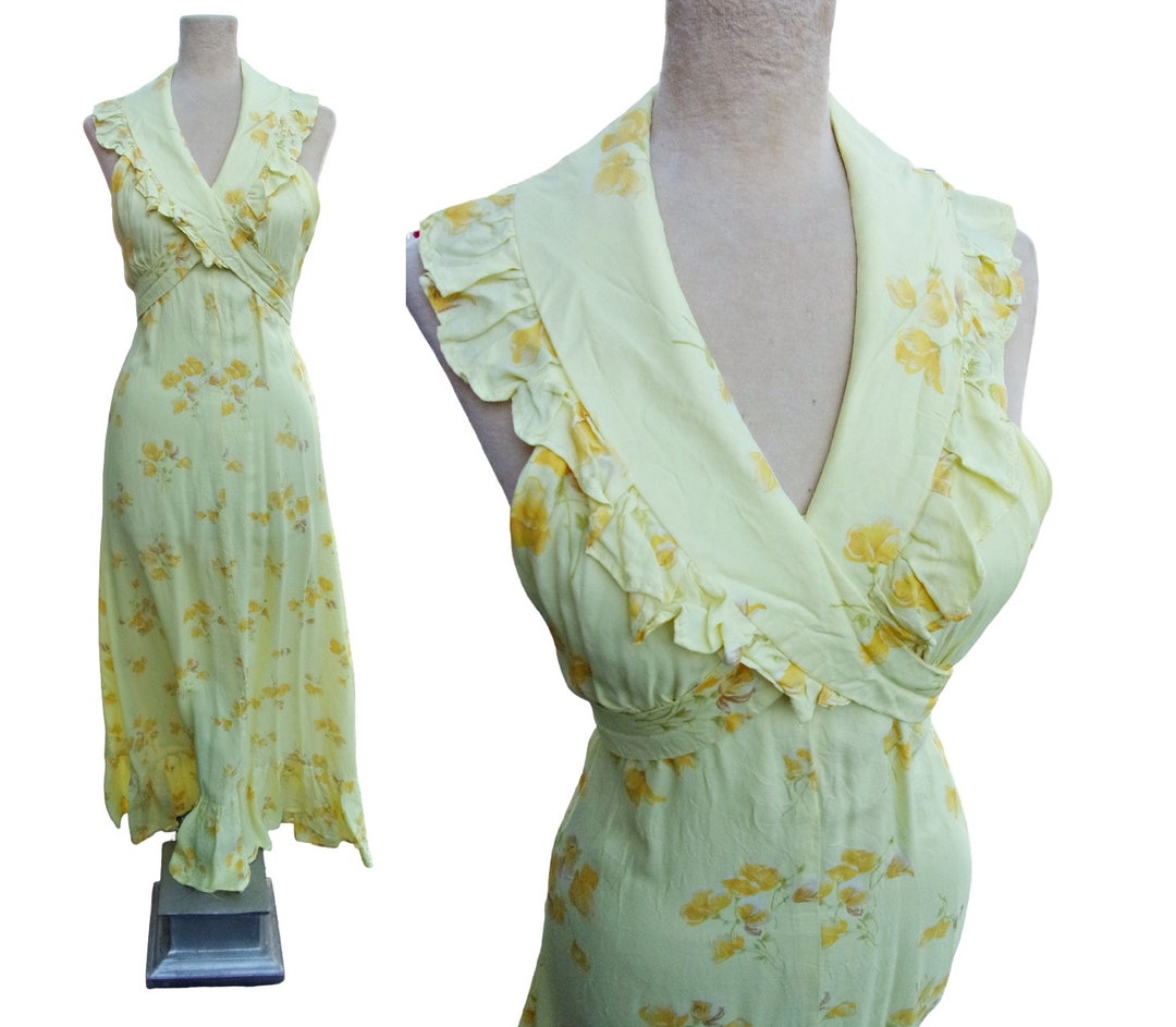 Vintage Floral Maxi Dress Yellow Bias Cut Rayon Open Back 1930s Style ...