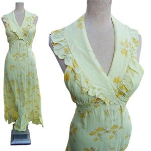 Vintage Floral Maxi Dress Yellow Bias Cut Rayon Open Back 1930s Style 1970s Spring Dress XS