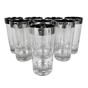Vintage Silver Rim Tall Glass Tumblers Set of 8 Cocktails Barware Holiday Party Mid-Century Modern Dorothy Thorpe Style