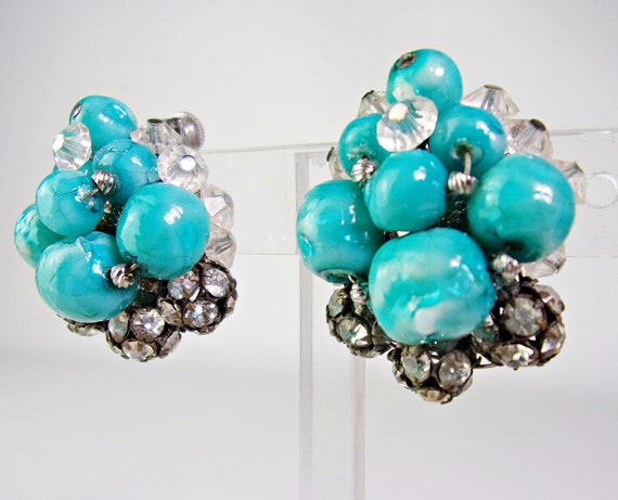 Vintage Vendome Earrings Beaded Turquoise Rhinest… - image 2