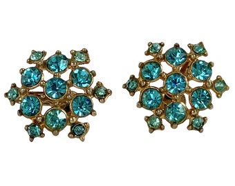 Vintage CORO Earrings Turquoise Rhinestone Gold Snowflake Screw Back 1930s Art Deco Flapper