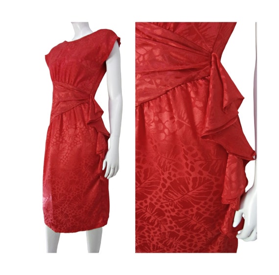 Vintage Silky Party Dress 80s does 40s RED Tropic… - image 1