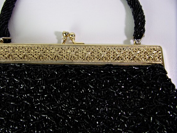 Vintage Evening Bag Purse Black Beaded Gold Filig… - image 3