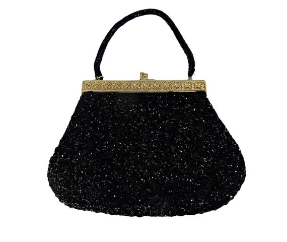 Vintage Evening Bag Purse Black Beaded Gold Filig… - image 1
