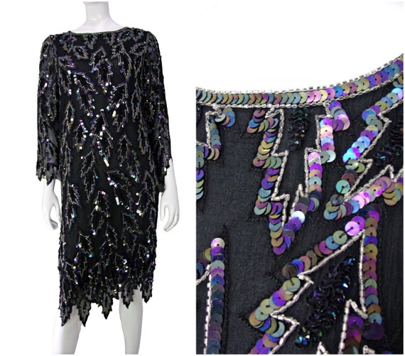 Vintage 80s Sequin Beaded Party Dress, NYE Beaded… - image 1