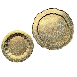 Vintage Hand Etched Brass Tray PAIR Set India, Round Wall Art, Intricate Design, Boho Antique Home Decor
