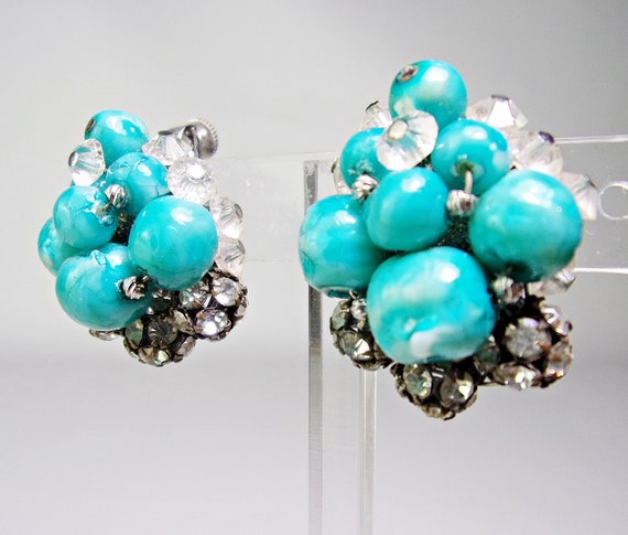 Vintage Vendome Earrings Beaded Turquoise Rhinest… - image 5