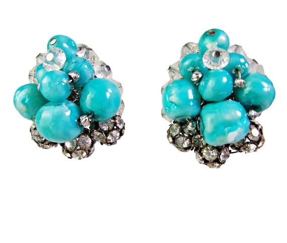 Vintage Vendome Earrings Beaded Turquoise Rhinest… - image 1