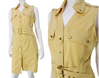 Vintage 90s Safari Dress, 90s Belted Shirt Dress, Yellow Safari Dress, 90s Summer Dress, Vintage Summer Safari Dress Large