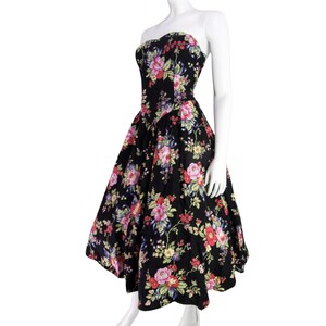 Vintage Rockabilly Cotton Dress BLACK Floral Full Swing Strapless 80s All Over Floral Full Circle Skirt 80s Does 50s