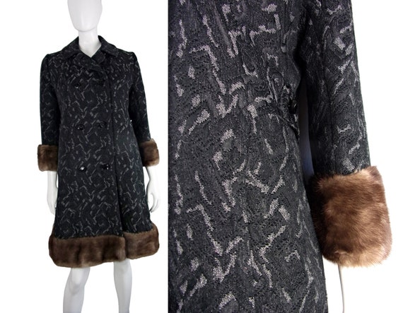 Vintage Swing Coat Wool Fox Fur Trimmed Abstract … - image 1