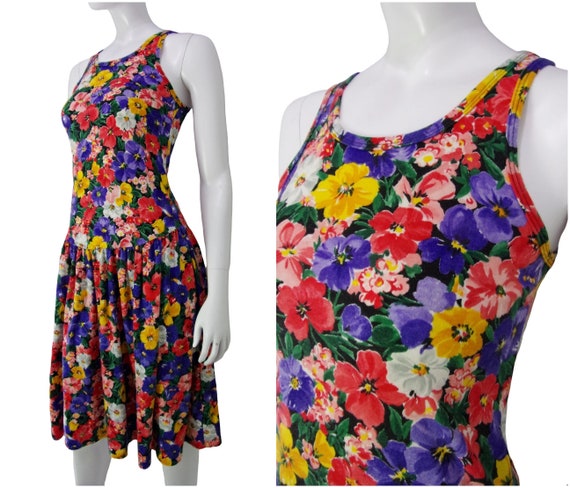 Vintage 80s Dress, Floral Dress, Watercolor Flora… - image 1