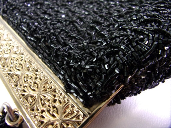 Vintage Evening Bag Purse Black Beaded Gold Filig… - image 6