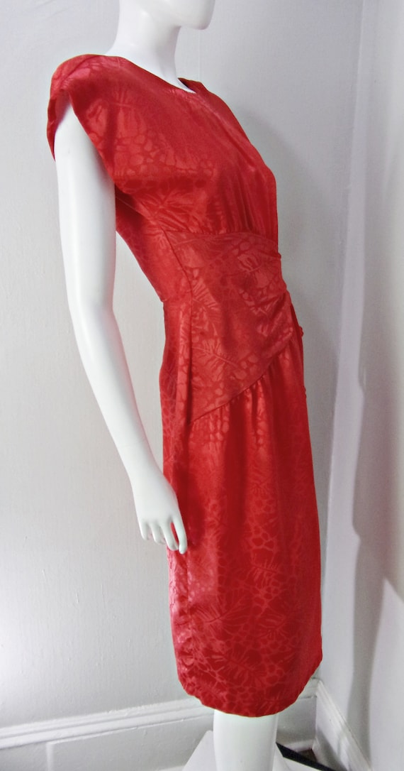 Vintage Silky Party Dress 80s does 40s RED Tropic… - image 3