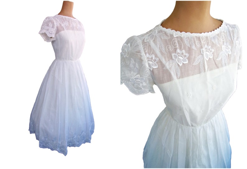 Vintage 1950s Dress White Cotton, Dress Embroidered, 1950s Party Dress, 1950s Wedding Dress, 1950s Summer Dress, 1950s Full Circle Dress image 1