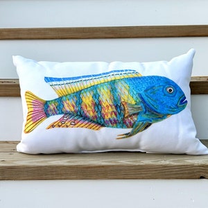 Fire Hap Cichlid Fish Original Art Canvas Pillow