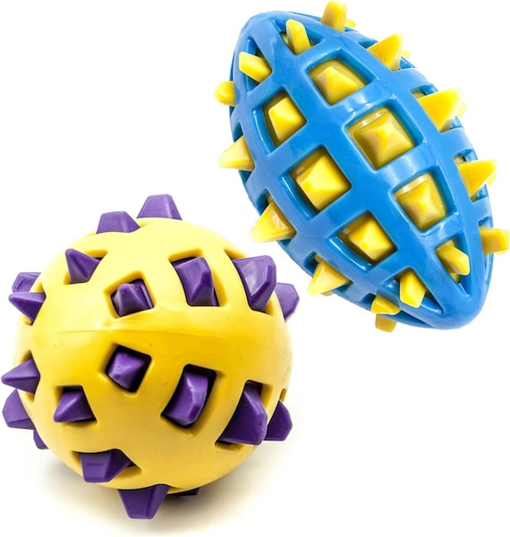 2 X Spike Dog Balls Chew Toys for Dogs Rugby Ball Squeaky Teething Toys for  Medium Small Dogs Spiky Interactive Dog Toys for Boredom 