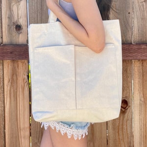 Simple Canvas Tote Bag with Front Pockets and Inside Small Pocket - Cute Bag for School