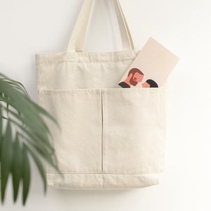 Simple Canvas Tote Bag with Front Pockets and Inside Small Pocket - Cute Bag for School - Gift for her