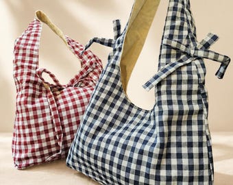 Gingham Shoulder Bag, Handmade Cotton Tote Bag, Plaid Boho Bag, Everyday Bag for Her