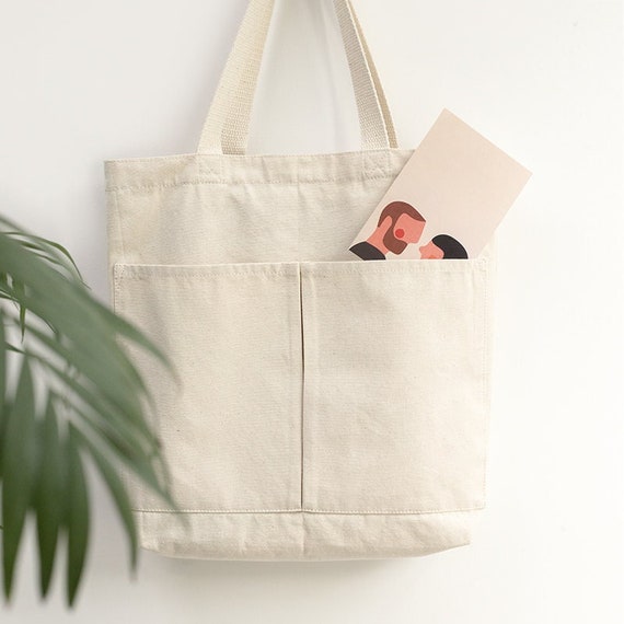 Simple Canvas Tote Bag With Front Pockets and Inside Small 