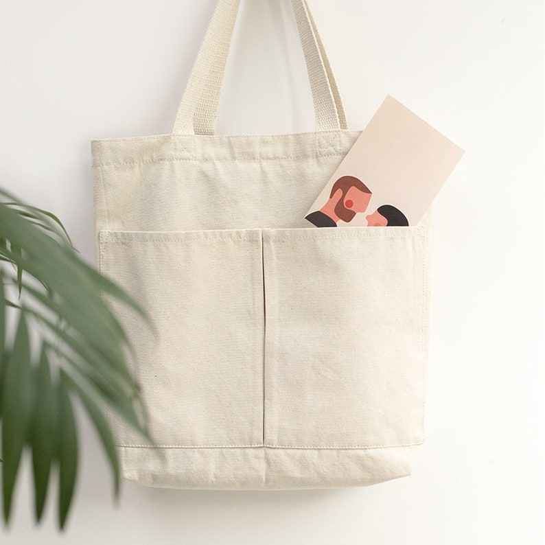 Simple Canvas Tote Bag with Front Pockets and Inside Small Pocket 