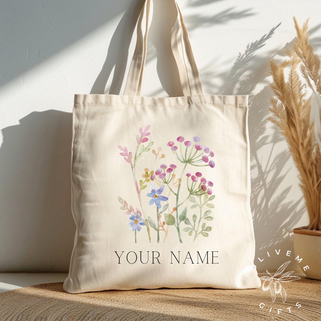 Customize Purse Design Custom Canvas Tote Bag - Personalized Wildflower Design With Your Name ...