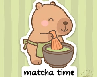 Matcha Time Sticker, Cute Capybara Waterproof Decal, Gift for Matcha Lovers, Cute Matcha Sticker