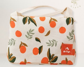 Orange Print Insulated Lunch Bag - Reusable Canvas Snack Bag