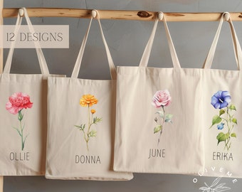 Custom Tote Bag - Birth Flower Tote Bag for Her - Custom Cotton Canvas Watercolor Floral Tote Bag Birth Month Flower Gifts for Mom Gift 36