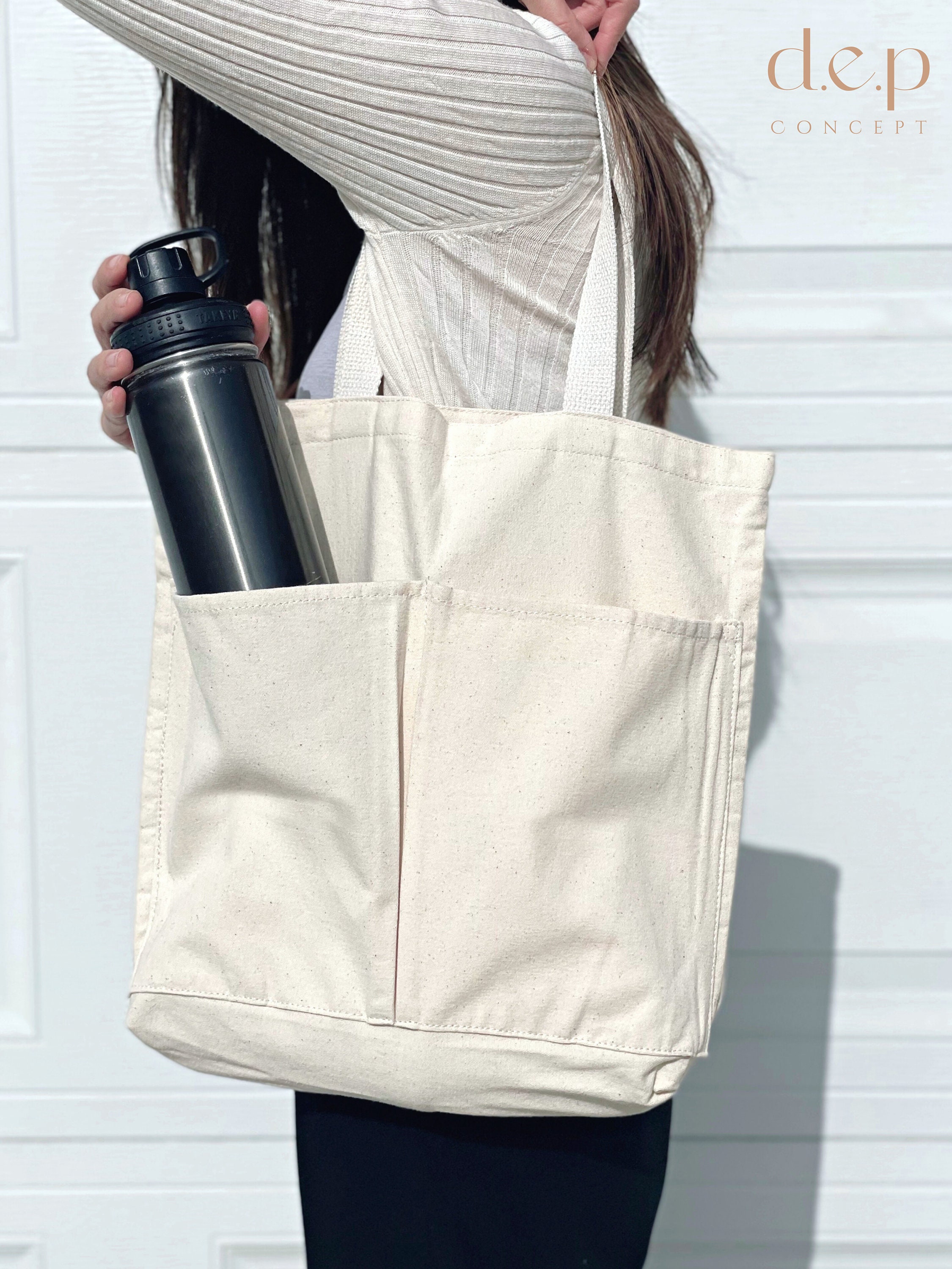 Simple Canvas Tote Bag With Front Pockets and Inside Small 