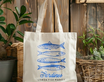 Retro Sardines Canvas Tote Bag: Minimalist Grocery Shopping Bag
