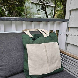 Cotton Canvas Tote Bag with Front Pockets and Inner Pocket - Minimalist Hand Bag, School, Office Bag, Everyday Tote Bag