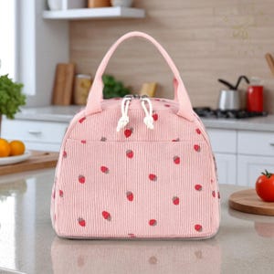 Custom Strawberry Insulated Lunch Bag: Pink Bento Box, School Gift
