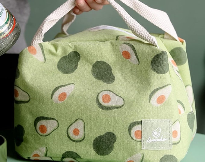 Avocado Print Insulated Lunch Bag, Reusable Canvas Tote, Cute Fruit Lunch Bag for School, Work Lunch Bag, Cute Office Gift