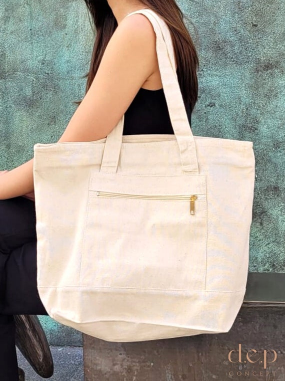 Large Canvas Tote Bag With Front Pocket and Zipper Canvas 