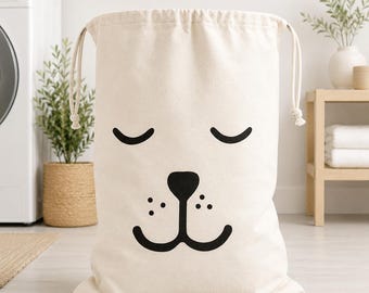 Cotton Storage Bag, Canvas Drawstring Laundry Bag, Nursery Toy Organizer, Stuffed Animal Storage Sack, Cute Bag for Multi Purposes