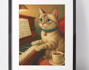 Cat Playing Piano Wall Art Print – Vintage Music Cat Illustration, Funny Pianist Cat Decor, Gift for Cat Lovers and Musicians