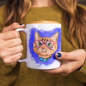 Cute Classic Orange Tabby Cat Mug With Heart Glasses | 11 oz and 15 oz Ceramic Mugs, Dishwasher Safe | Gift for Cat Owners, Cartoon Kitty