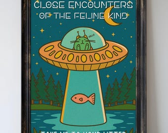 Funny Cat Wall Art – Alien UFO Poster Print for Cat Lovers, Sci-Fi Decor, Retro Whimsical Art Gift for Him Her, Galaxy Room Decor