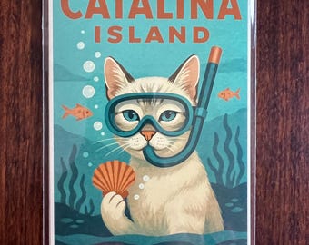 May include: A postcard featuring a cat wearing a snorkel and goggles, holding a seashell, with the words "Catalina Island" in orange letters. The background is teal with orange fish and underwater plants.