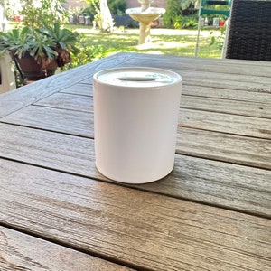 May include: A white cylindrical container with a slot on top, possibly a donation box. It sits on a weathered wooden table. The background is blurred, showing a garden with plants and a fountain.