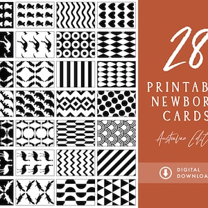 28 tarjetas de bebé en blanco y negro imprimibles, tarjetas flash de alto contraste, juguete sensorial Montessori para recién nacidos (edición australiana)