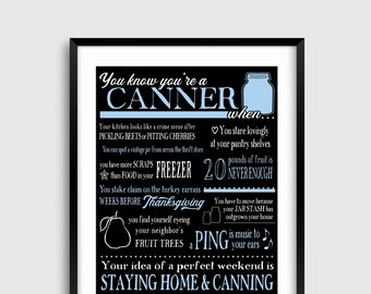 Canning Print: You Know You're A Canner When...Funny Canning Gift Kitchen Decor 10 Phrases -  16x20" Light Blue Black White Wall Art