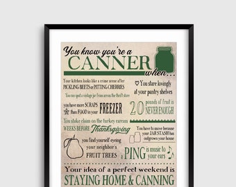 Canning Print: You Know You're A Canner When...Funny Canning Gift Kitchen Decor 10 Phrases -  16x20" Green Black Tan Wall Art