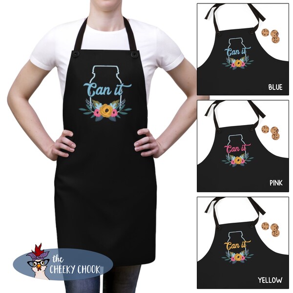 Canning Apron - "Can It" Mason Jar Flower Bouquet on Black Background - Gift for Canners - Your Choice of Blue, Pink or Yellow "Can It" Text