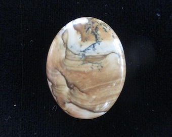 May include: Oval-shaped polished gemstone with a swirling pattern of tan, brown, and cream colors. The stone has a glossy finish and a few small black inclusions. The gemstone is set against a dark background.