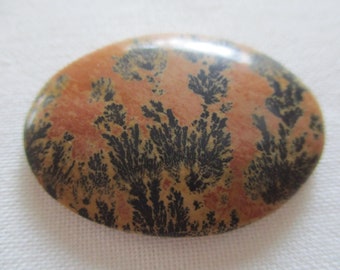 May include: A close-up of a smooth, oval-shaped stone with a dendritic pattern. The stone is a mix of light brown, orange, and black colors.