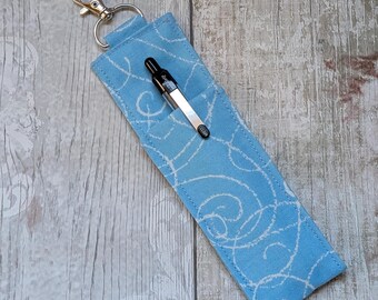 Blue Swirl Fabric Pen Pouch with Keyring | Slim Planner Organizer Accessory