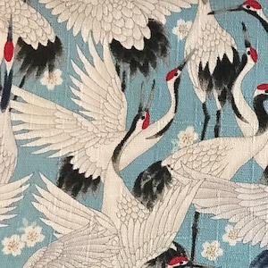 Japanese Style flying crane light blue dobby cotton fabric made in Japan